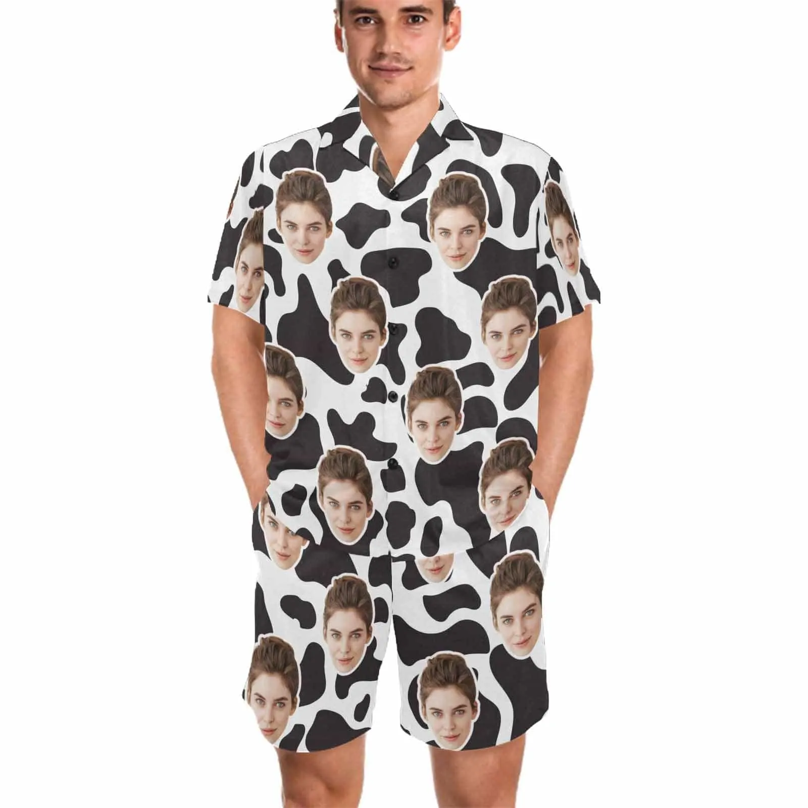 Custom Couples Pajamas Personalized Face Black White Couple Matching V-Neck Short Pajama Set