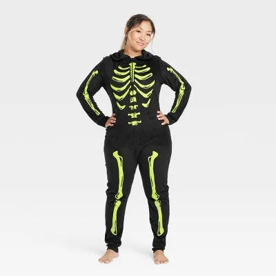 New - Women's Glow-in-the-Dark Skeleton Halloween Matching Family Union Suit Pajama - Hyde & EEK! Boutique Black L
