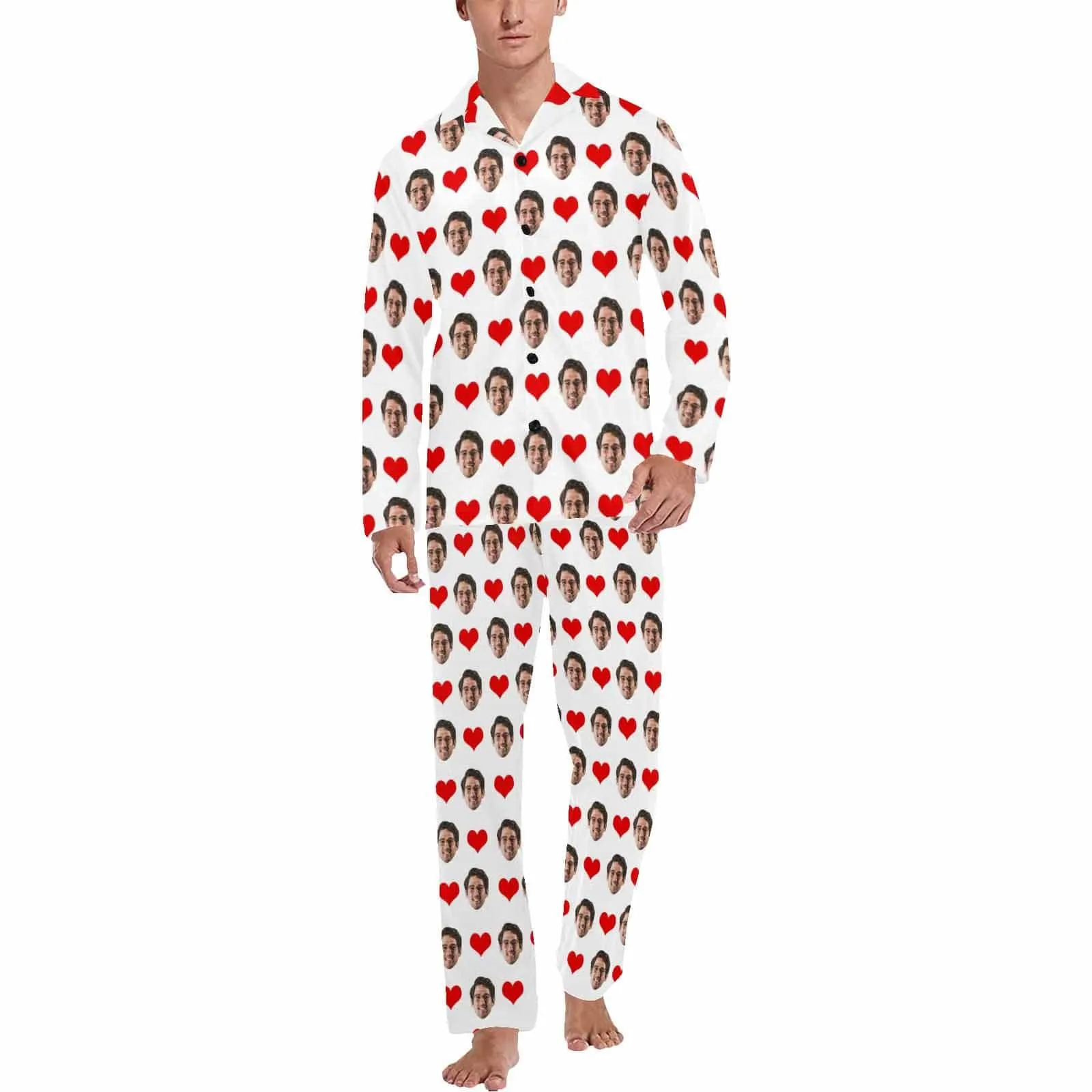 Soft Long Sleeve Pajamas for Men-Custom Face Red Heart Pajamas Personalized Men's V-Neck Long Sleeve Pajama Set Gift for Him